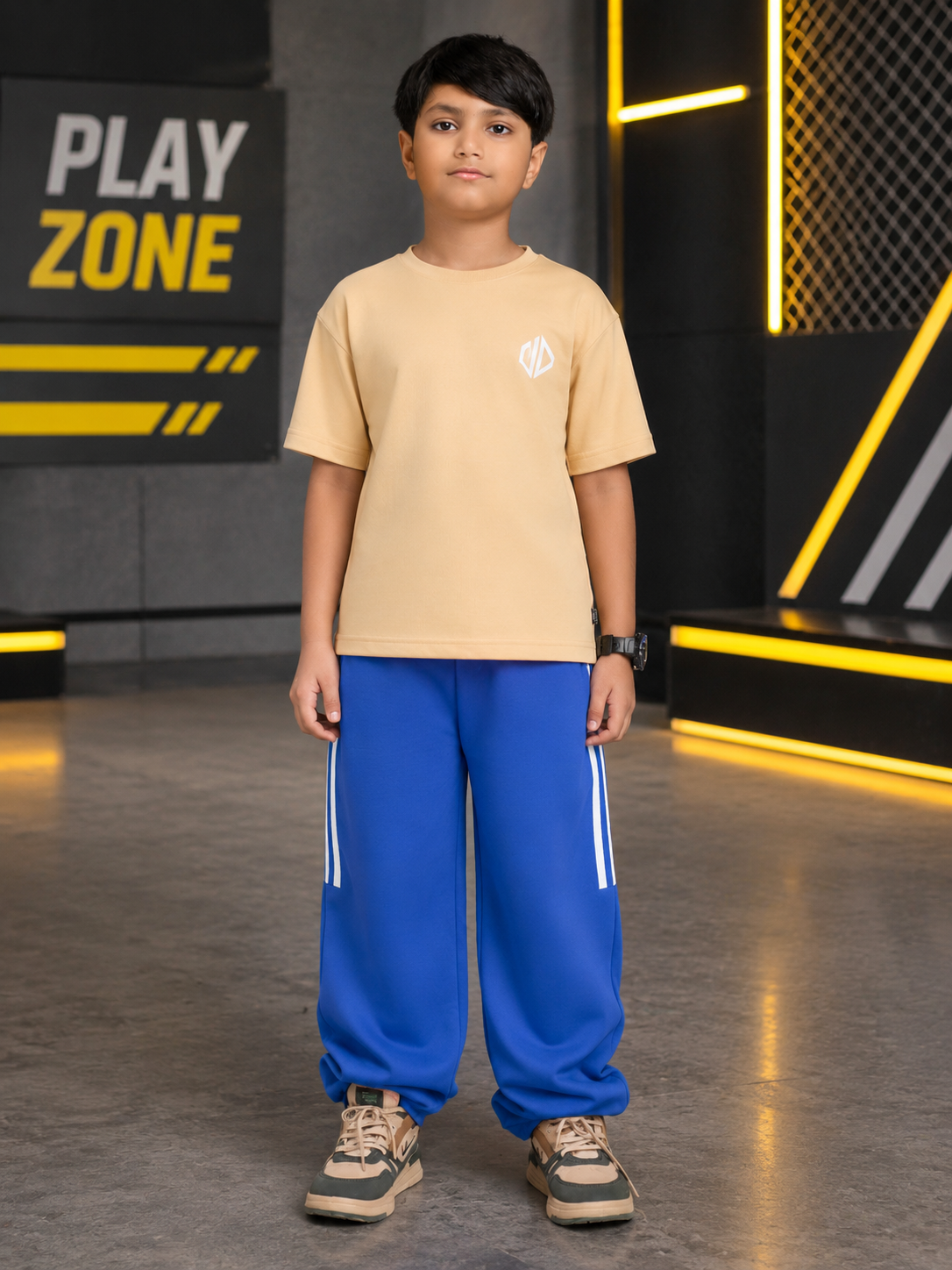 NEO STREET DROP CO-ORD FOR BOYS GIRLS BEIGE BLUE, showcasing stylish beige t-shirt and blue pants.