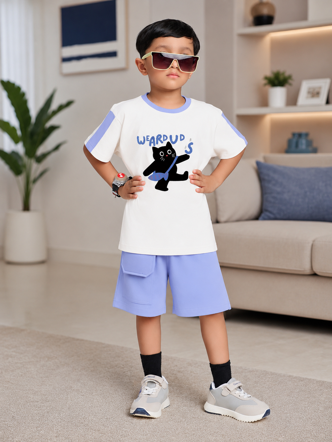 LIL CAT CLUB CO-ORD FOR BOYS GIRLS WHITE LAVENDER