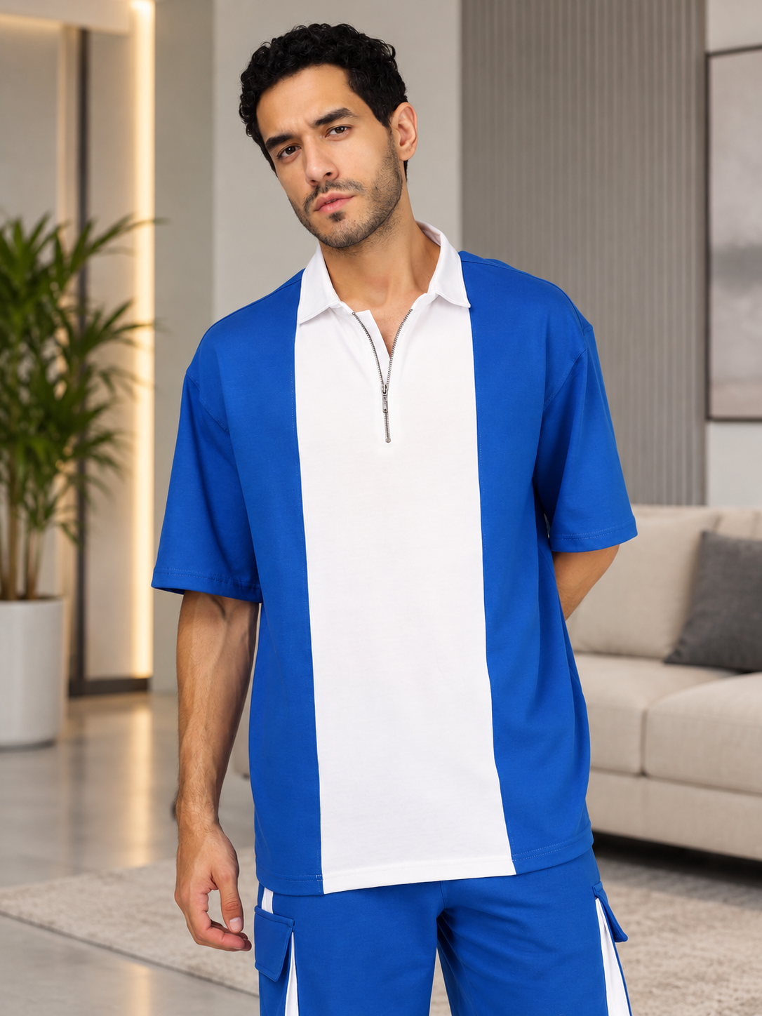 CONTRAST POLO OVERSIZED ZIPPER T-SHIRT ROYAL BLUE WHITE