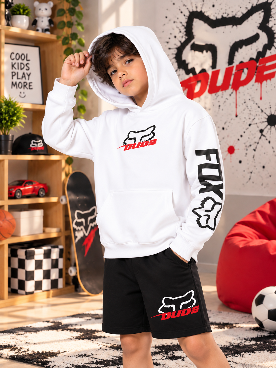 RACING FOX FLEECE CO-ORD FOR KIDS WHITE BLACK hoodie and shorts set worn by boy