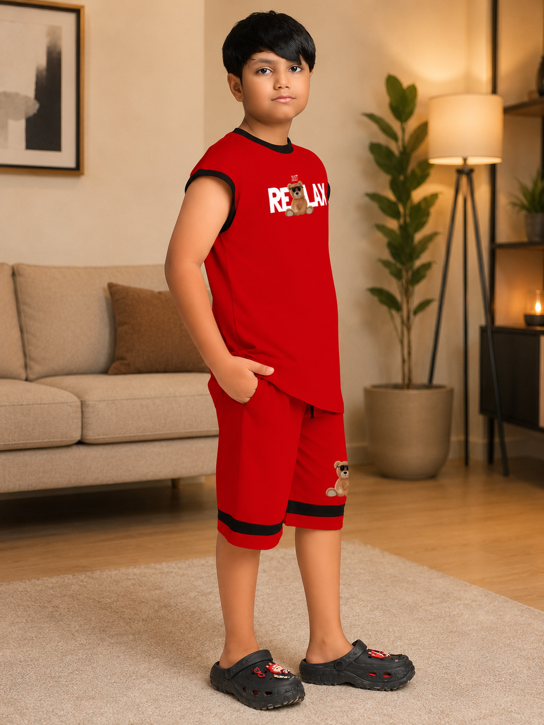 COOL TEDDY BEAR SLEEVELESS CO-ORD FOR BOYS GIRLS RED