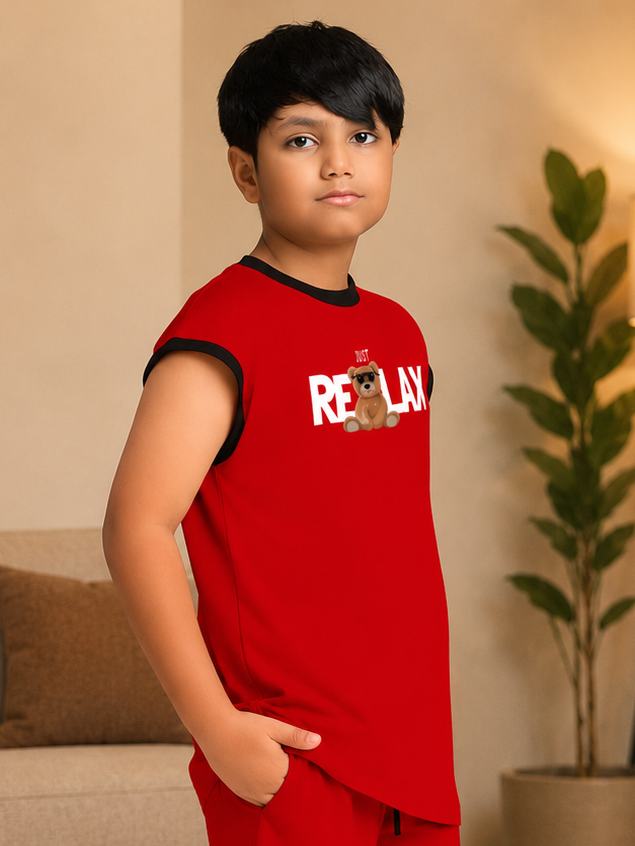 COOL TEDDY BEAR SLEEVELESS T-SHIRT FOR BOYS GIRLS RED