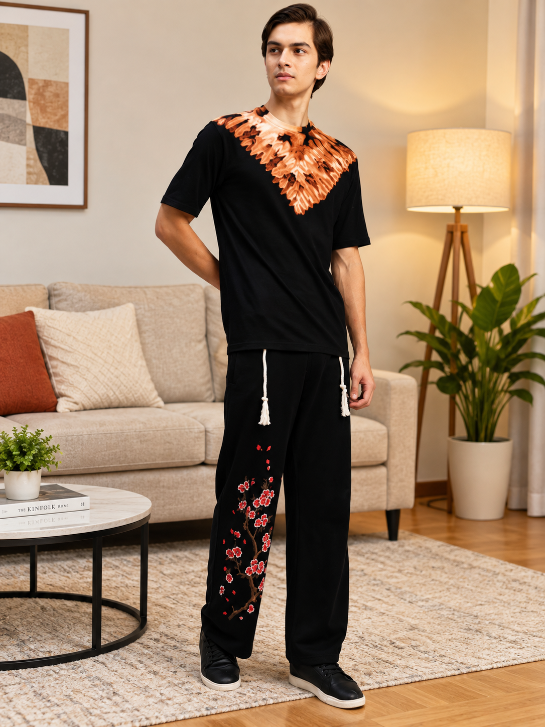 ROUND TIE-DYE NECK T-SHIRT BLACK BROWN