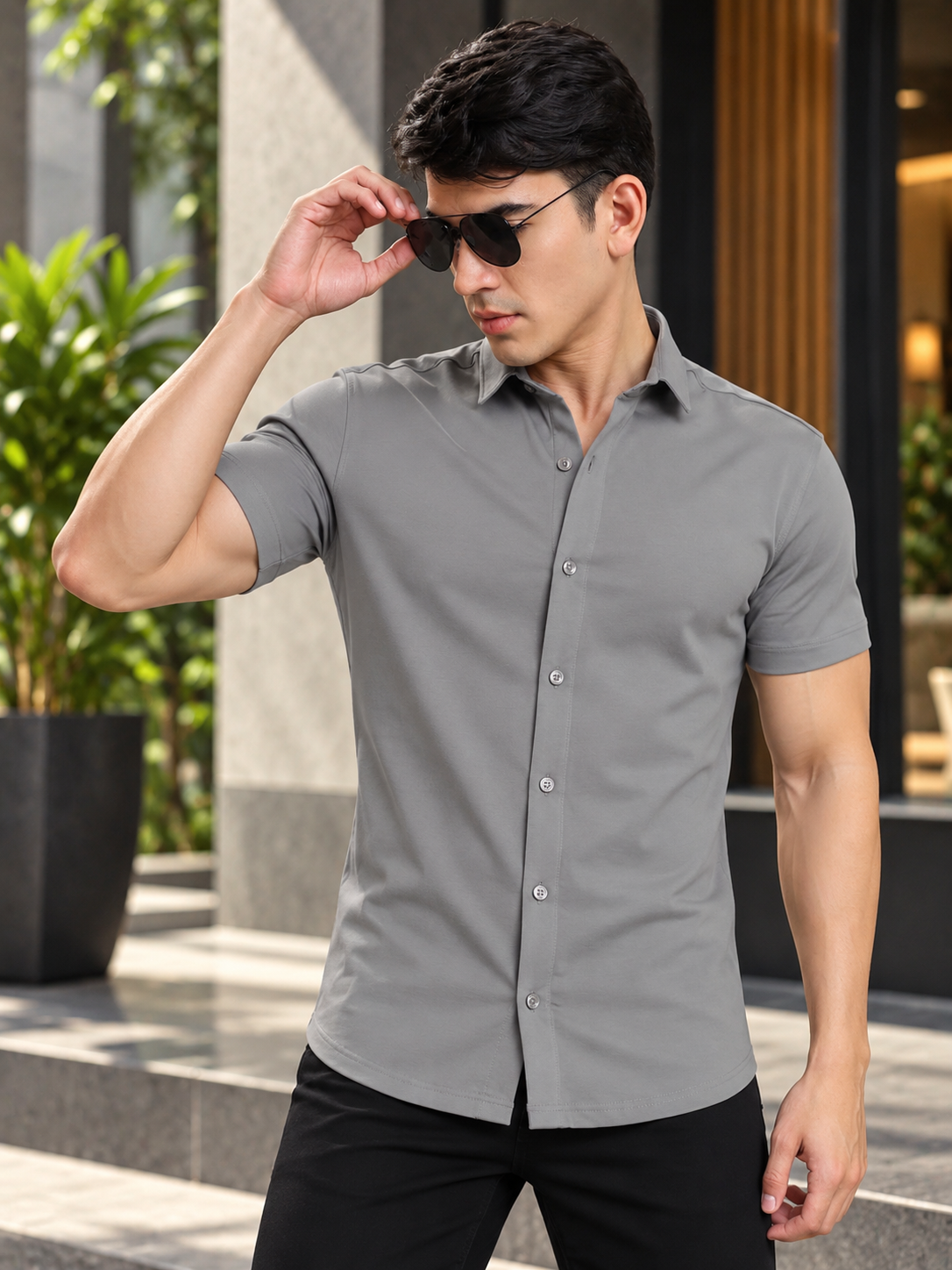 NOIR GREY WRINKLE FREE HALF SHIRT