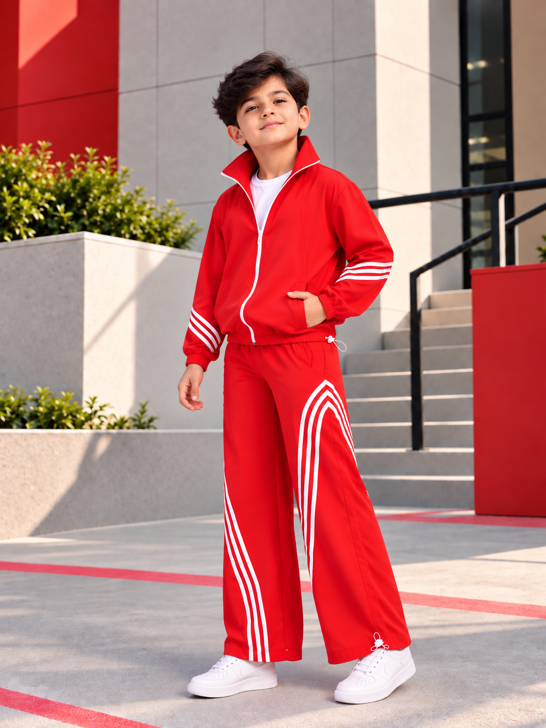 STREETWEAR THREE STRIPE CO-ORD SET FULL ZIPPER FOR BOYS GIRLS RED