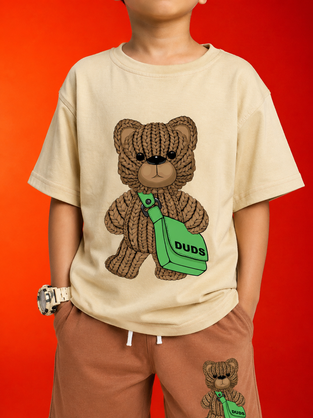 LITTLE EXPLORER TEDDY T-SHIRT FOR BOYS GIRLS BEIGE featuring a cute teddy bear graphic on a beige t-shirt.