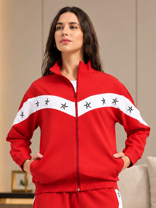 WOMEN MATCHING LOOSE FIT ZIPPER JACKET RED WHITE