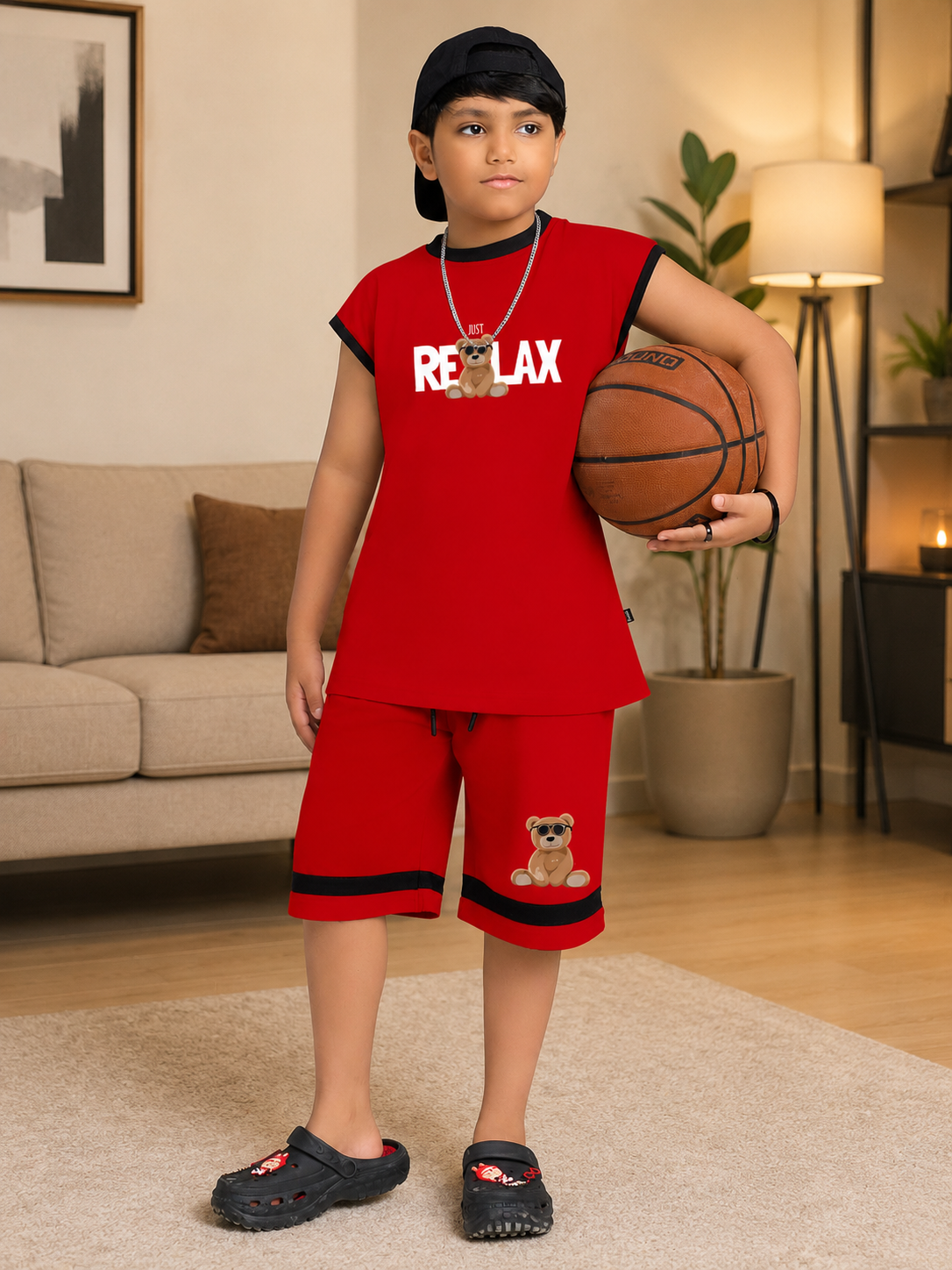 COOL TEDDY BEAR SLEEVELESS CO-ORD FOR BOYS GIRLS RED