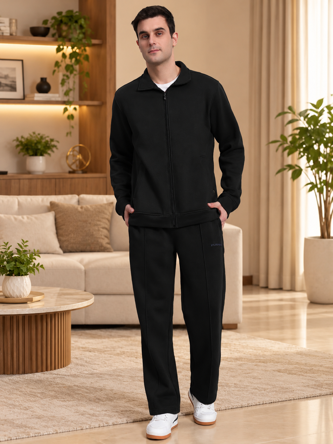 Man wearing SHAGGY COTTON FLEECE JOGGER BLACK with matching zip jacket in a cozy living room setting