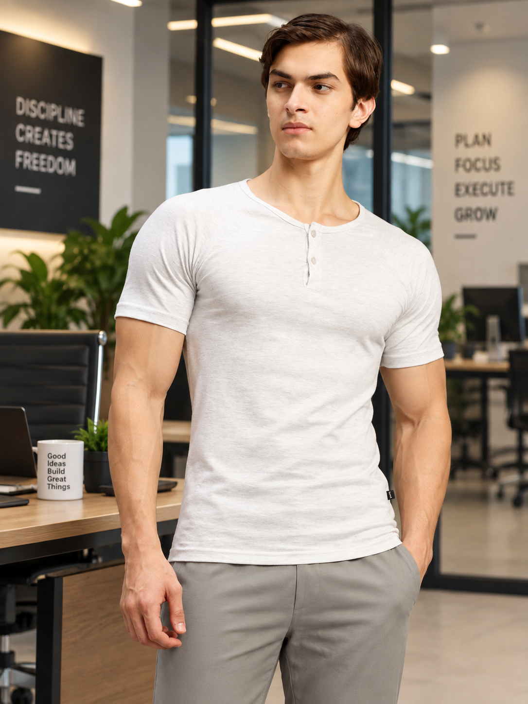 SLEEVE BUTTON HENLEY MELANGE GREY