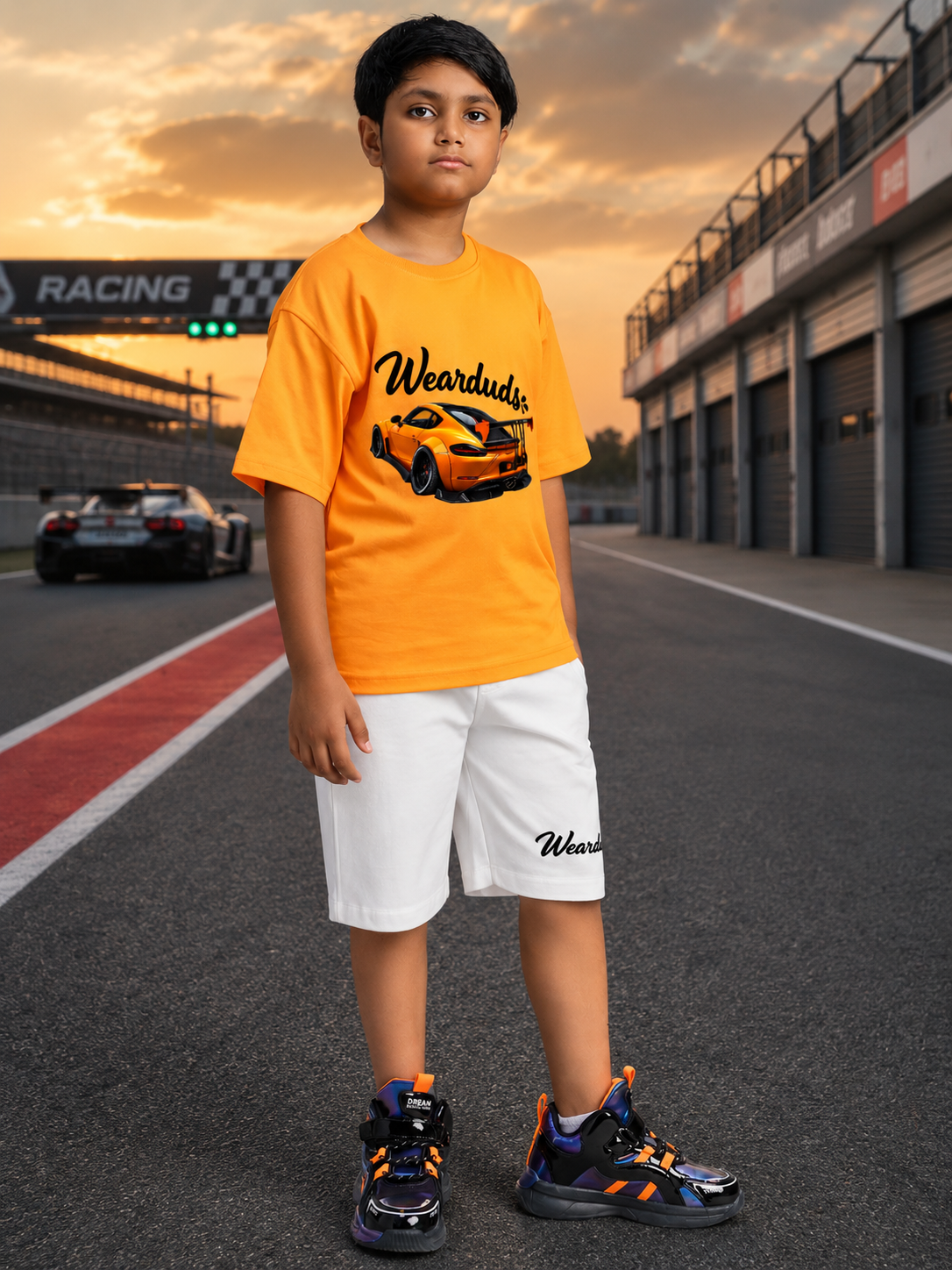 GRAPHIC CAR CASUAL CO-ORD FOR BOYS & GIRLS YELLOW WHITE