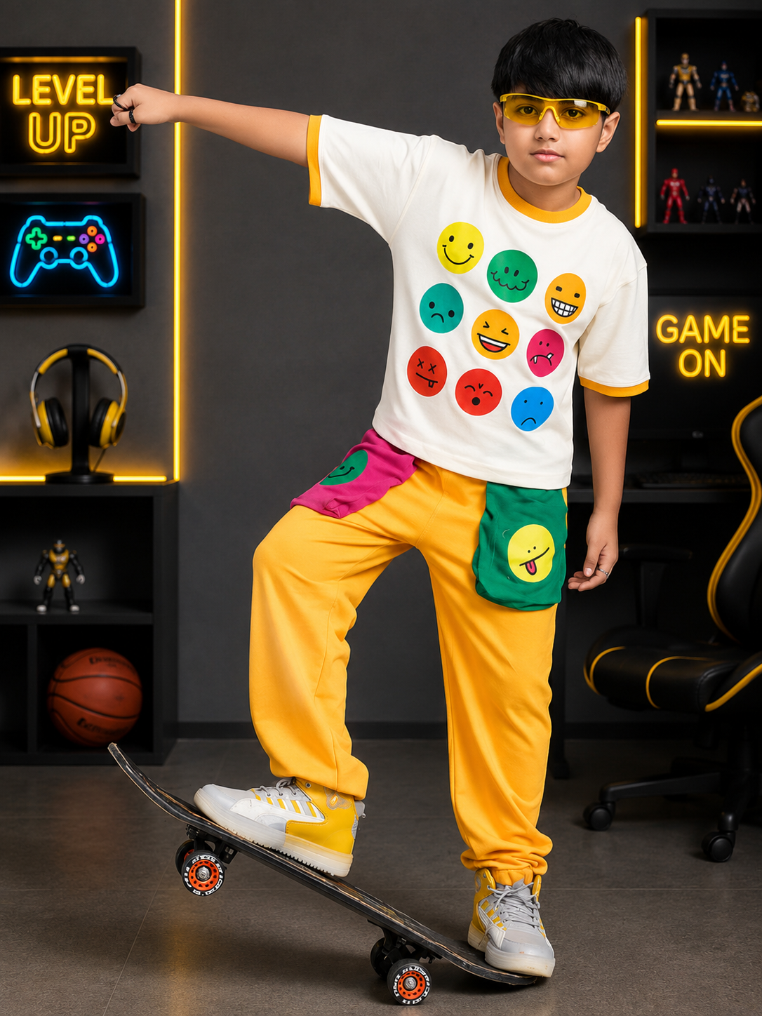 EMOJI VIBES CO-ORD FOR BOYS & GIRLS WHITE-YELLOW shown on a boy skateboarding in a playful outfit