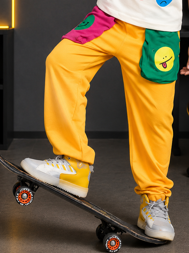 EMOJI VIBES JOGGER FOR BOYS GIRLS YELLOW on a child skating with playful pockets.