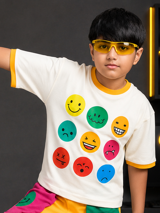 EMOJI VIBES T-SHIRT FOR BOYS GIRL WHITE modeled by boy wearing colorful sunglasses and expressive emoji designs.