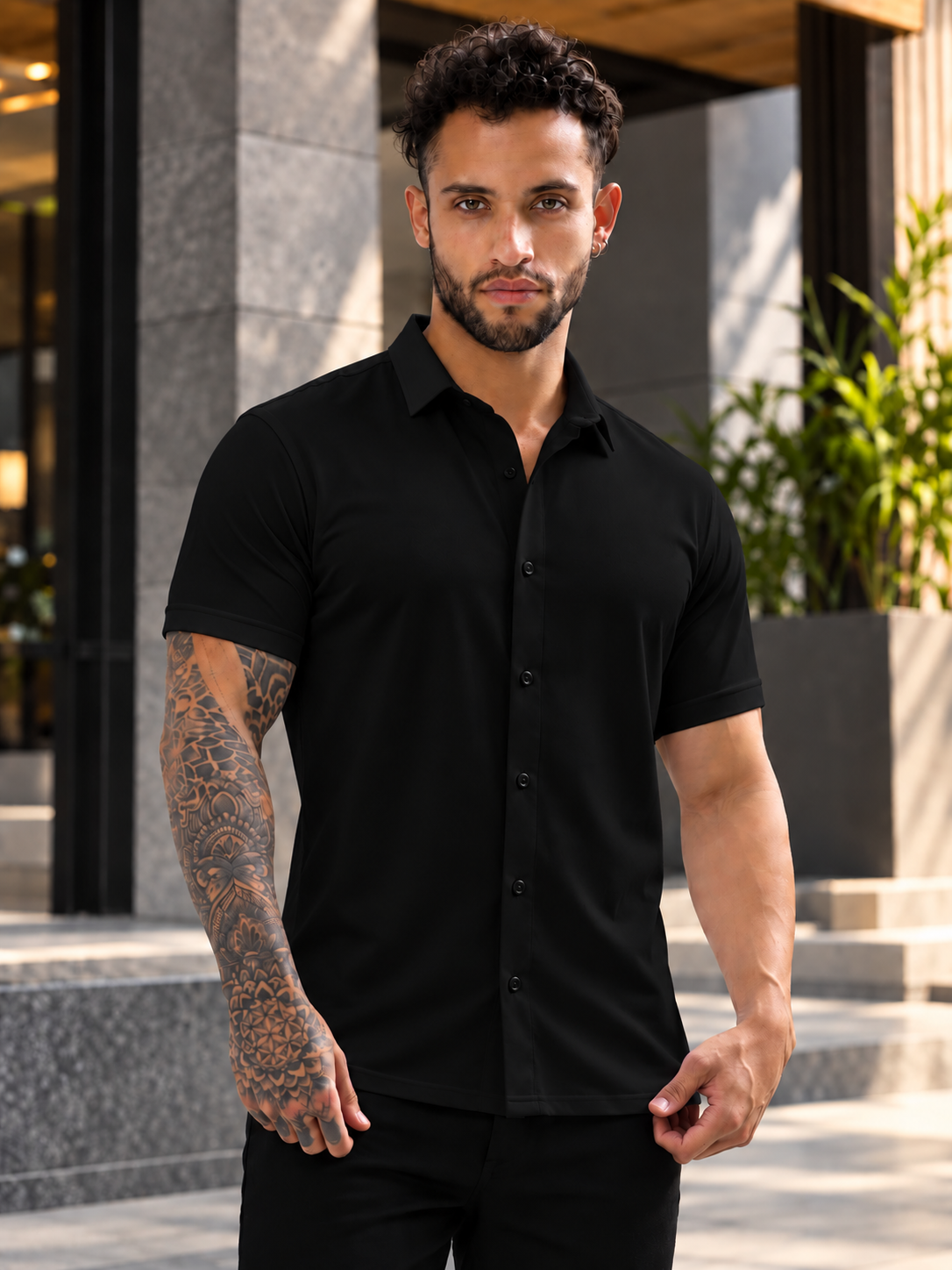 NOIR BLACK HALF SLEEVES WRINKLE FREE SHIRT