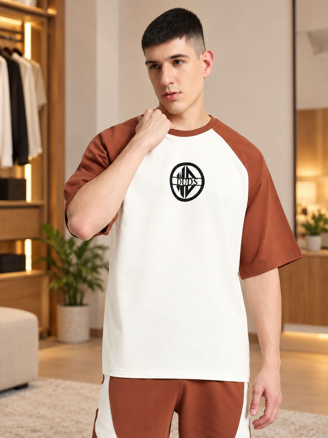 CHESTNUT RAGLAN BLOCKED OVERSIZED T-SHIRT OFF WHITE BROWN