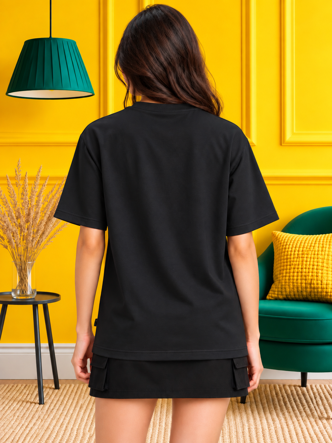 WOMEN PANEL OVERSIZED CREW T-SHIRT BLACK