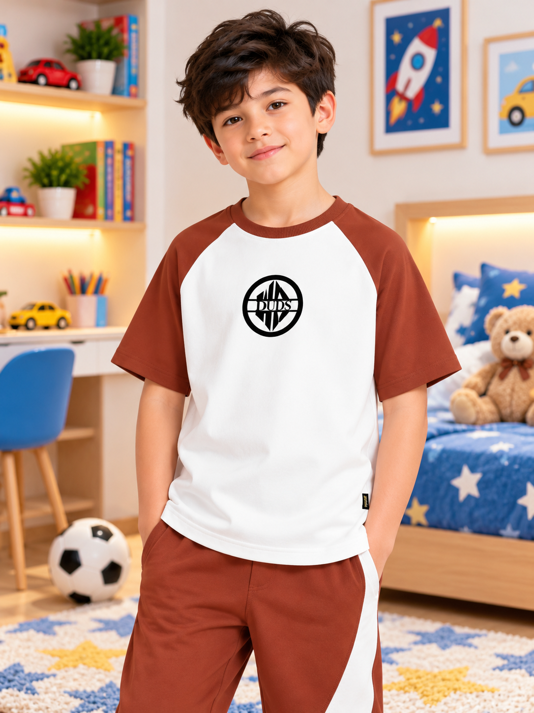 CHESTNUT RAGLAN BLOCKED OVERSIZED T-SHIRT FOR BOYS GIRLS OFF WHITE BROWN