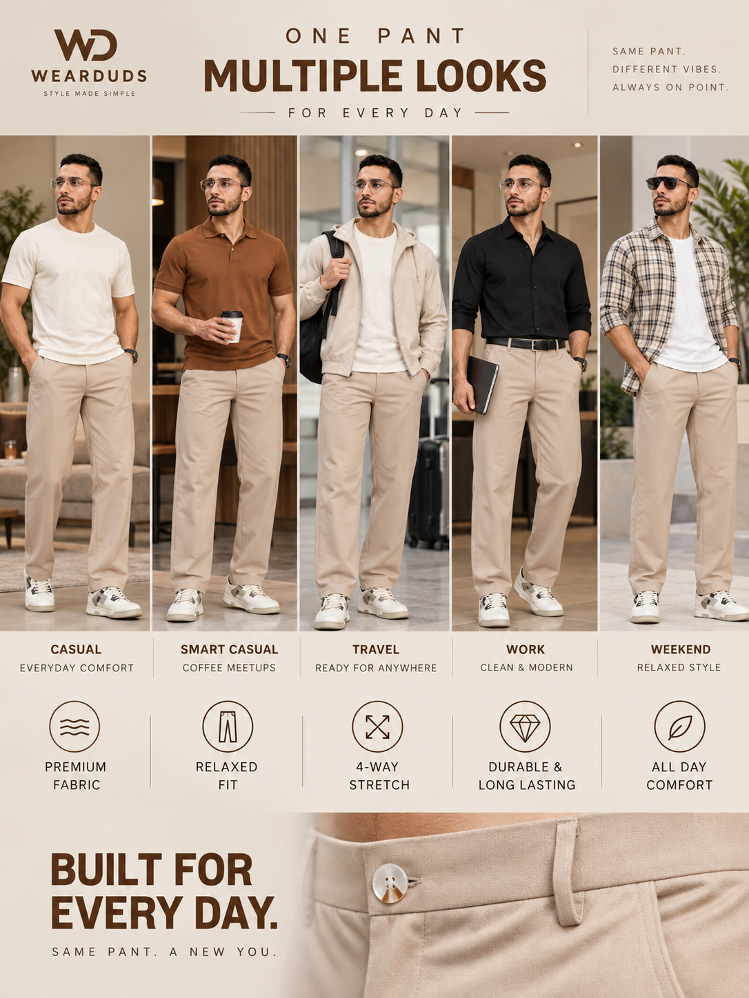 STRETCH STRAIGHT CASUAL PANTS BEIGE