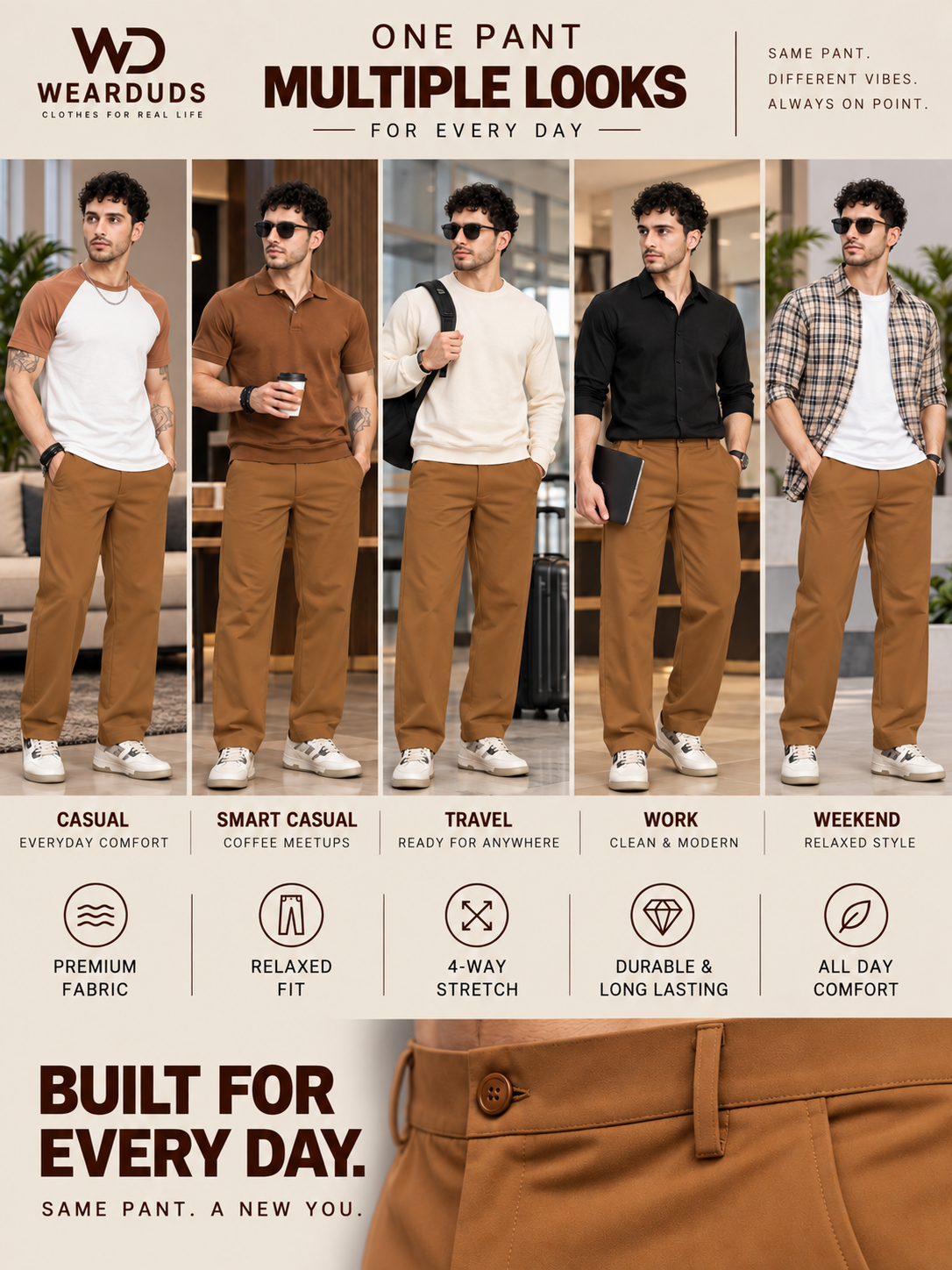 COMFORTABLE STRAIGHT CASUAL PANTS  BROWN
