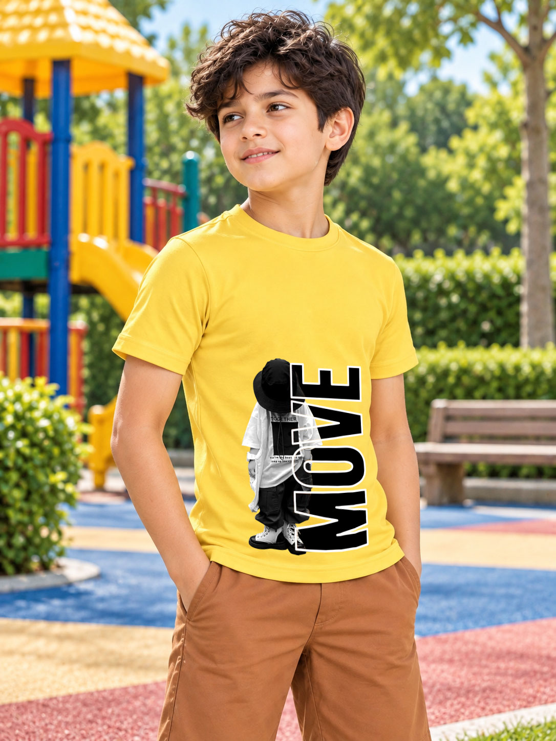 MOVE GRAPHIC PRINTED T-SHIRT FOR BOYS GIRLS YELLOW