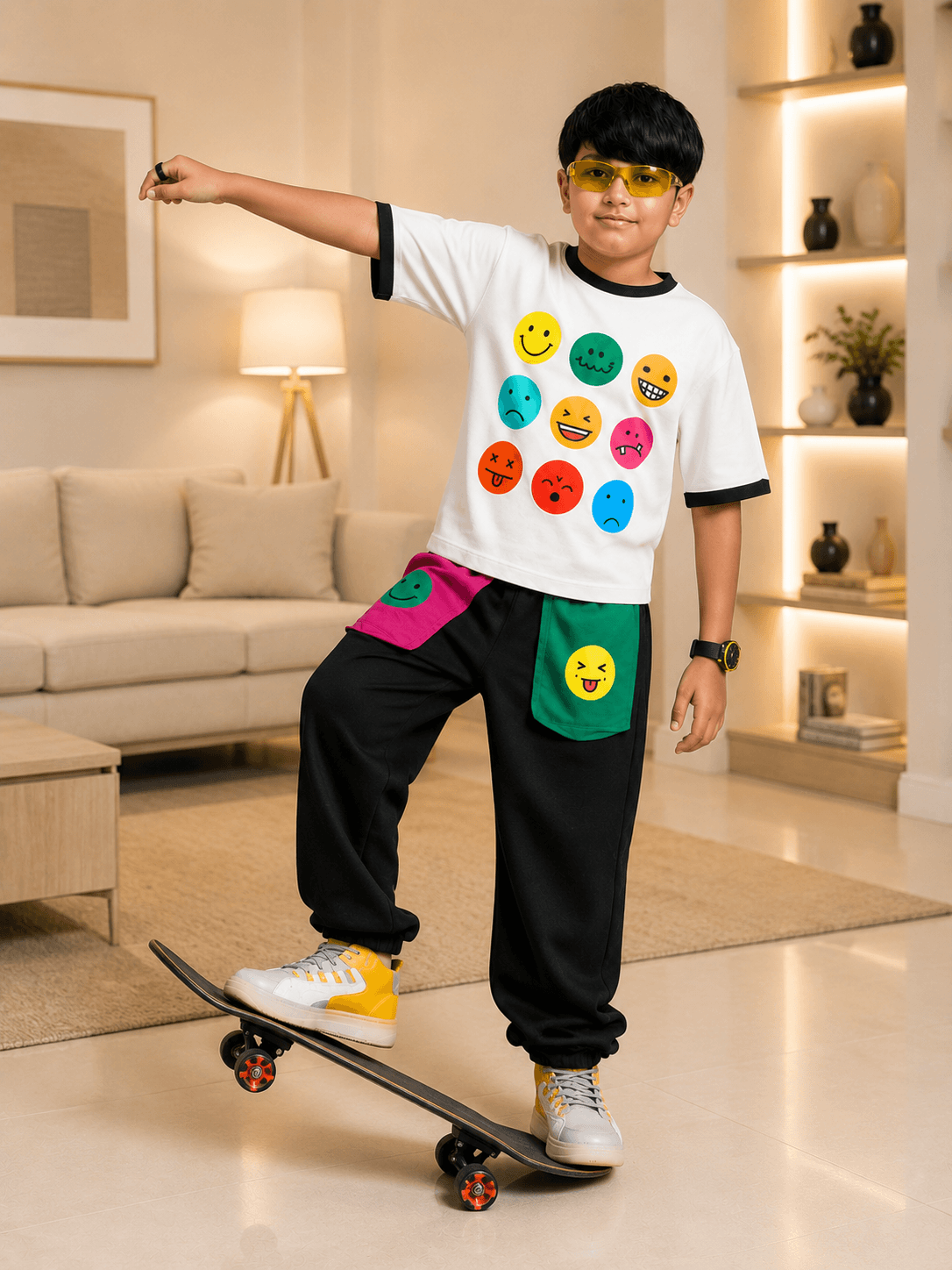 EMOJI VIBES CO-ORD FOR BOYS GIRLS WHITE BLACK worn by a boy skating, featuring colorful emojis on the shirt and stylish pants.