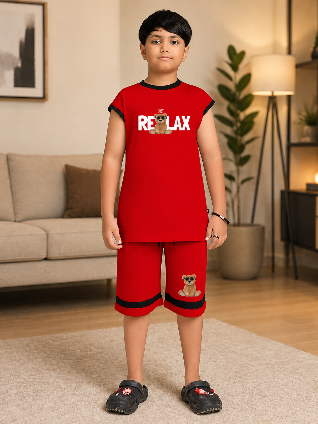 COOL TEDDY BEAR SLEEVELESS CO-ORD FOR BOYS GIRLS RED
