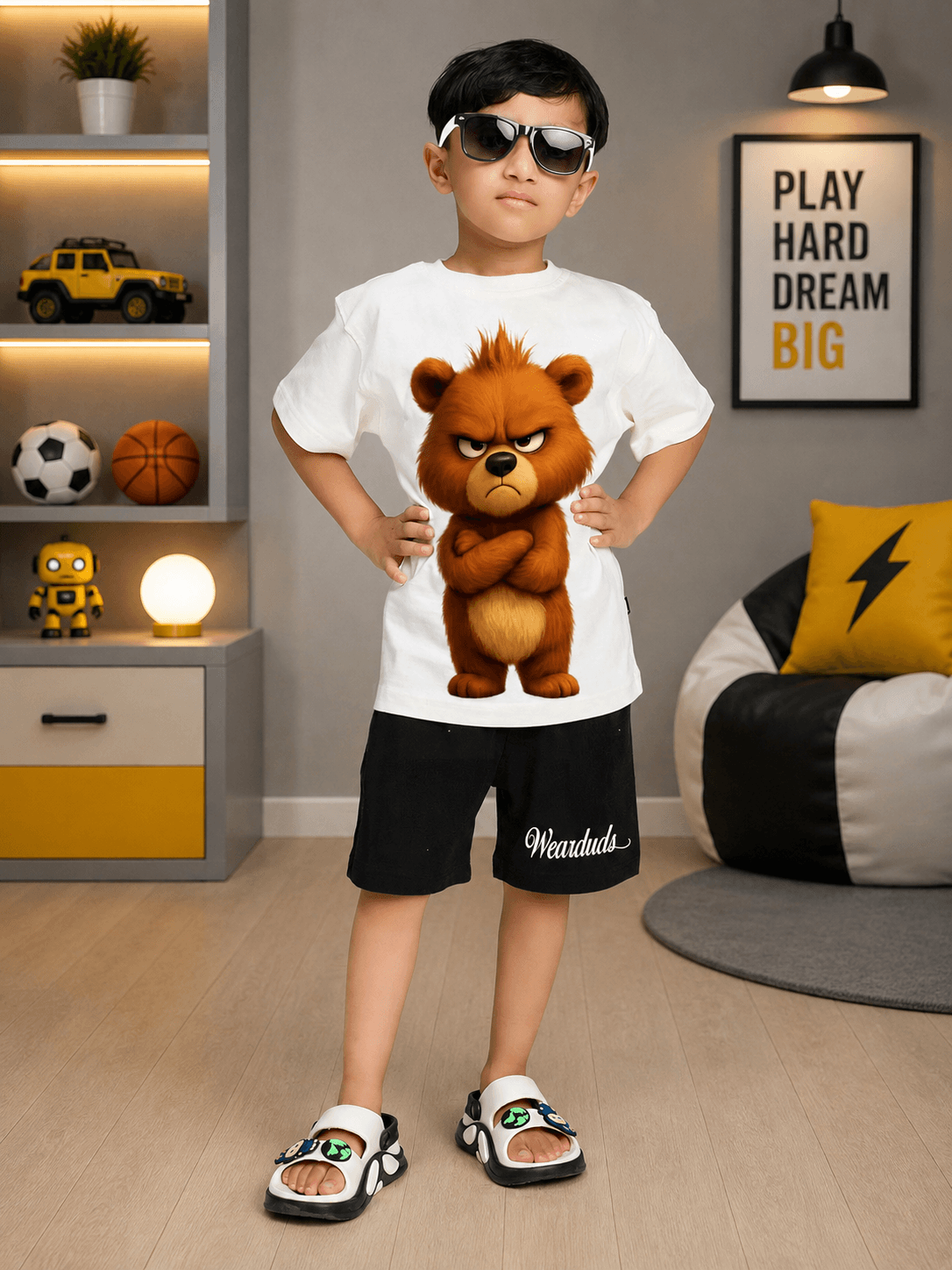 BEAR GRAPHIC CASUAL CO-ORD FOR BOYS GIRLS WHITE BLACK worn by a boy with sunglasses in a stylish room.