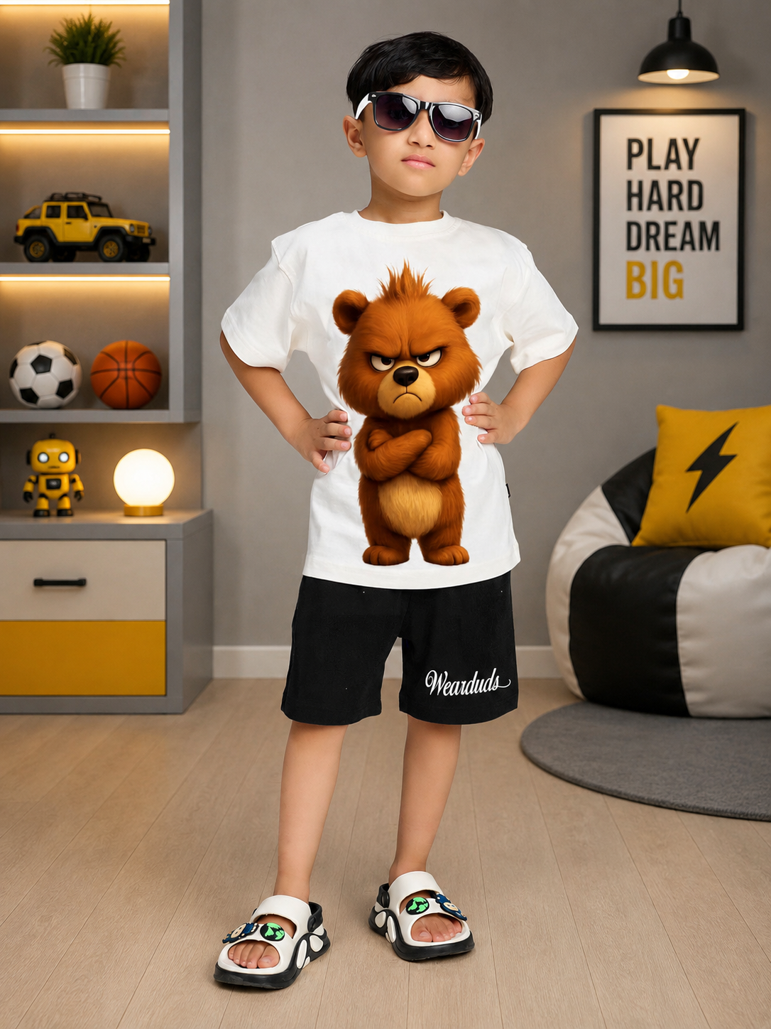 BEAR GRAPHIC CASUAL T-SHIRT FOR BOYS GIRLS WHITE