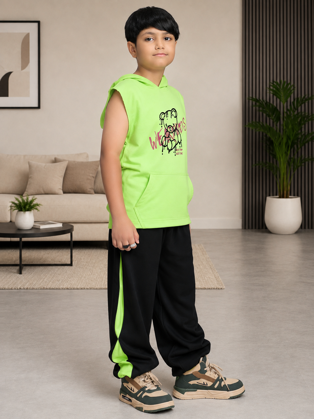 CYBER LIME GRAPHIC HOODED CO-ORD FOR BOYS GIRLS NEON GREEN BLACK