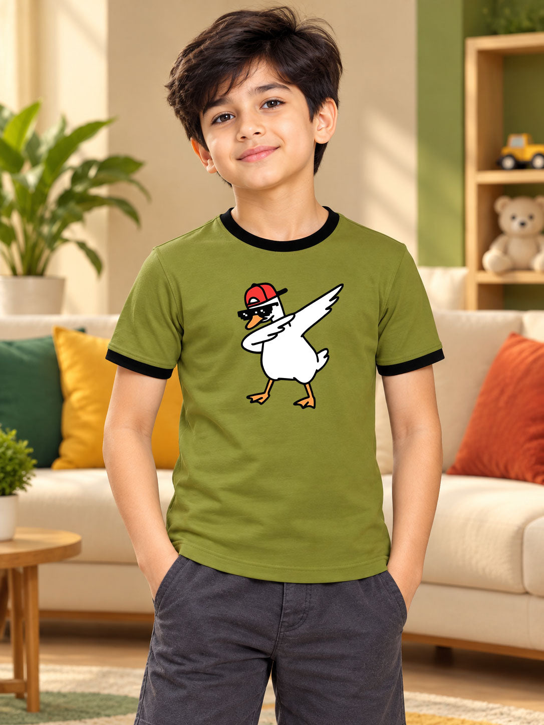 DUCK RINGER REGULAR FIT T-SHIRT FOR BOYS GIRLS OLIVE GREEN