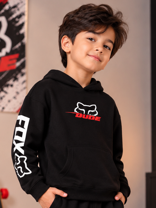 RACING FOX FLEECE HOODIE FOR KIDS BLACK with kangaroo pocket and fox graphic print