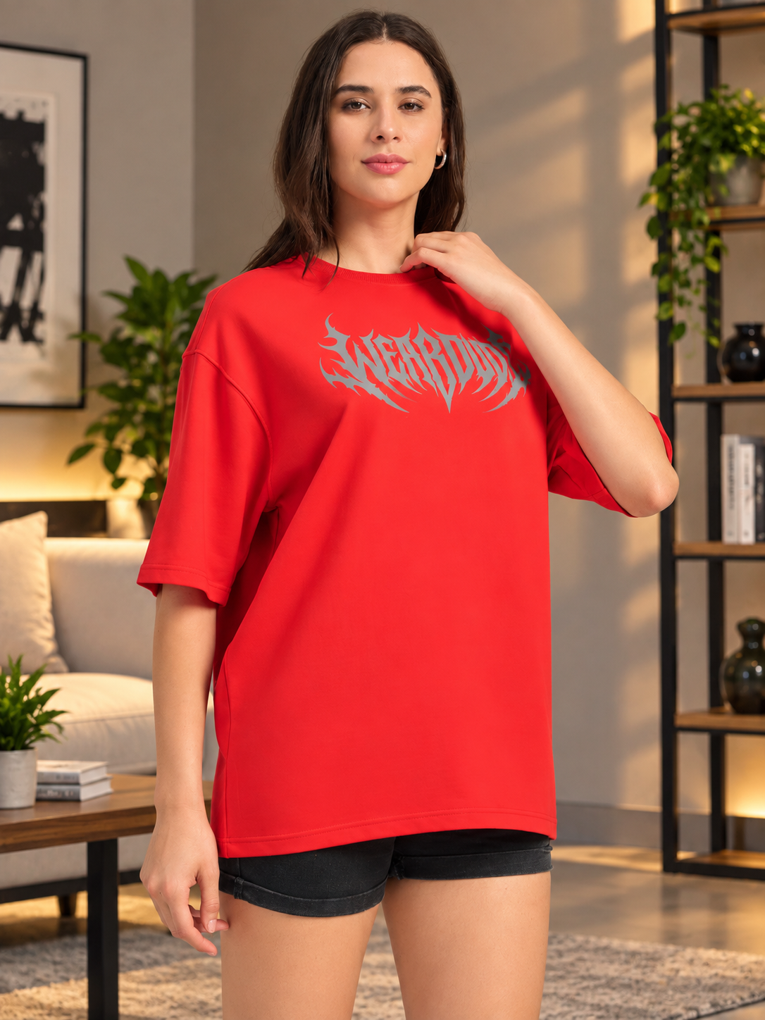 WOMEN HEAVYWEIGHT OVERSIZED GRAPHIC GYM T-SHIRT RED