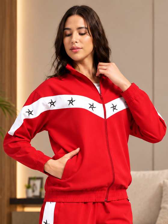 WOMEN MATCHING LOOSE FIT ZIPPER JACKET RED WHITE