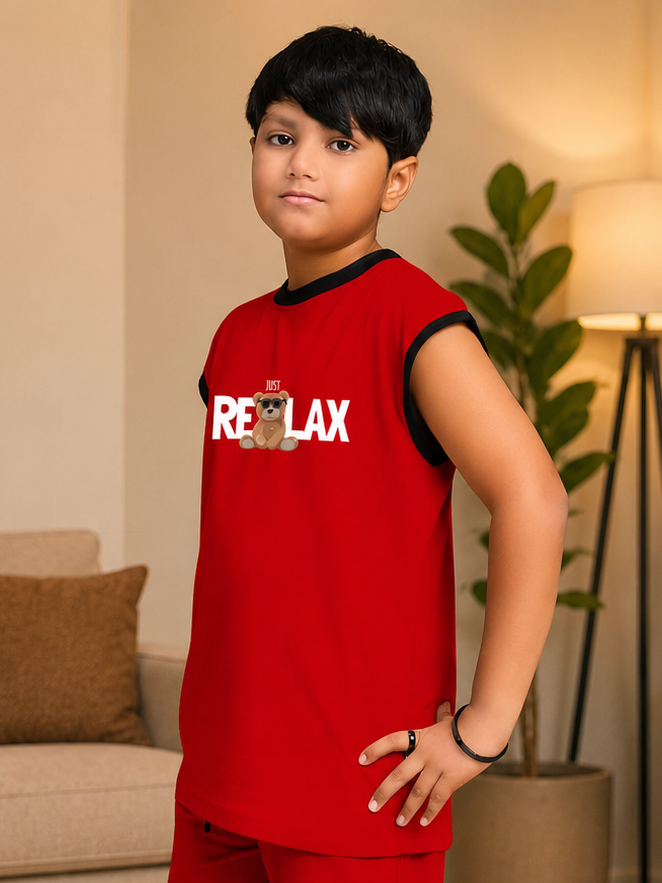 COOL TEDDY BEAR SLEEVELESS T-SHIRT FOR BOYS GIRLS RED