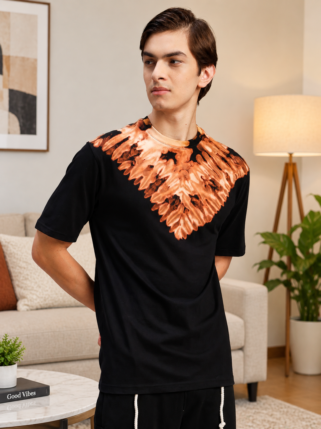 ROUND TIE-DYE NECK T-SHIRT BLACK BROWN