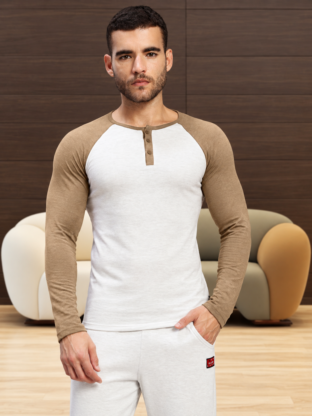 HENLEY SWEATSHIRT OFF-WHITE BROWN