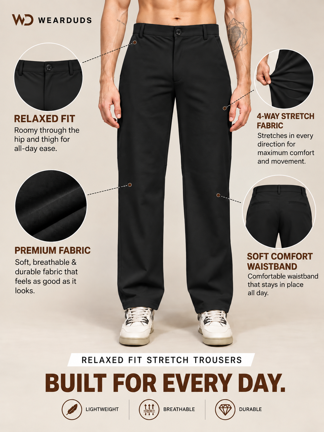 STRETCH STRAIGHT CASUAL PANTS BLACK