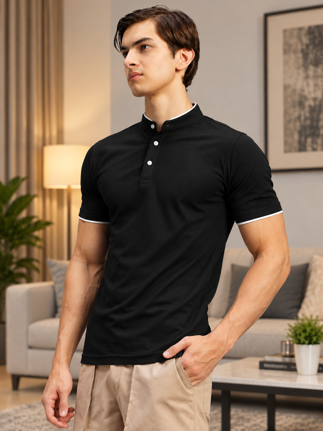 MANDARIN COLLAR POLO T-SHIRT BLACK