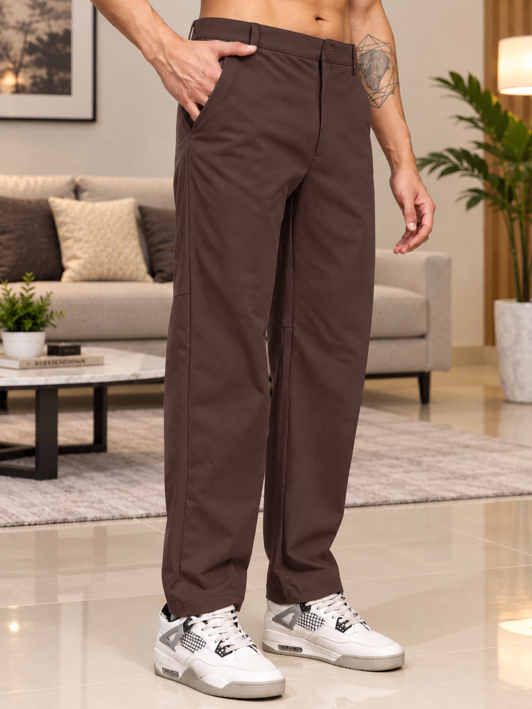 STRETCH STRAIGHT CASUAL PANTS DARK BROWN