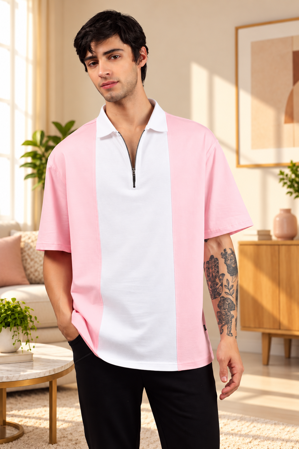 CONTRAST POLO OVERSIZED ZIPPER T-SHIRT BLUSH PINK WHITE