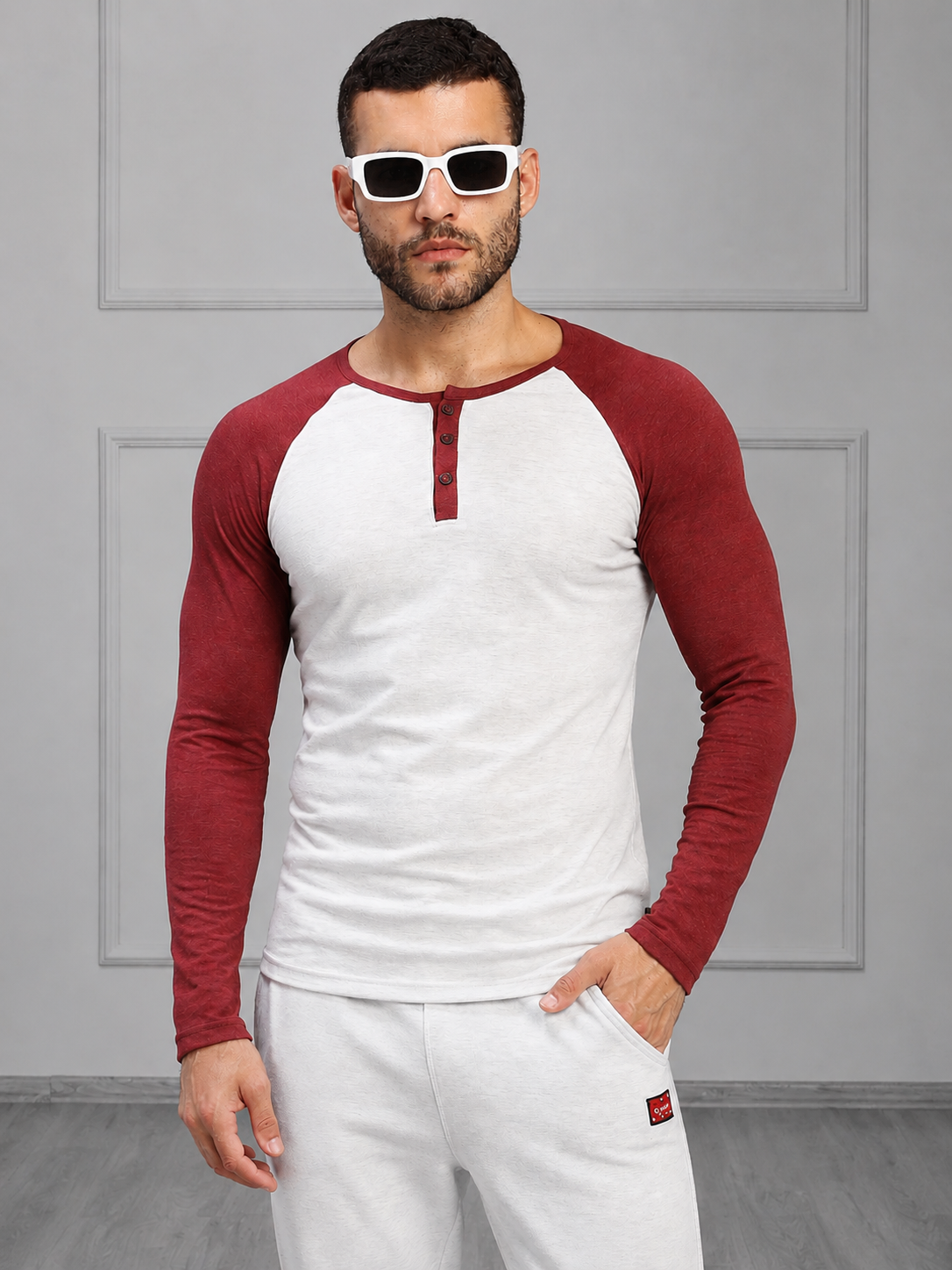 HENLEY SWEATSHIRT MELANGE GREY MAROON
