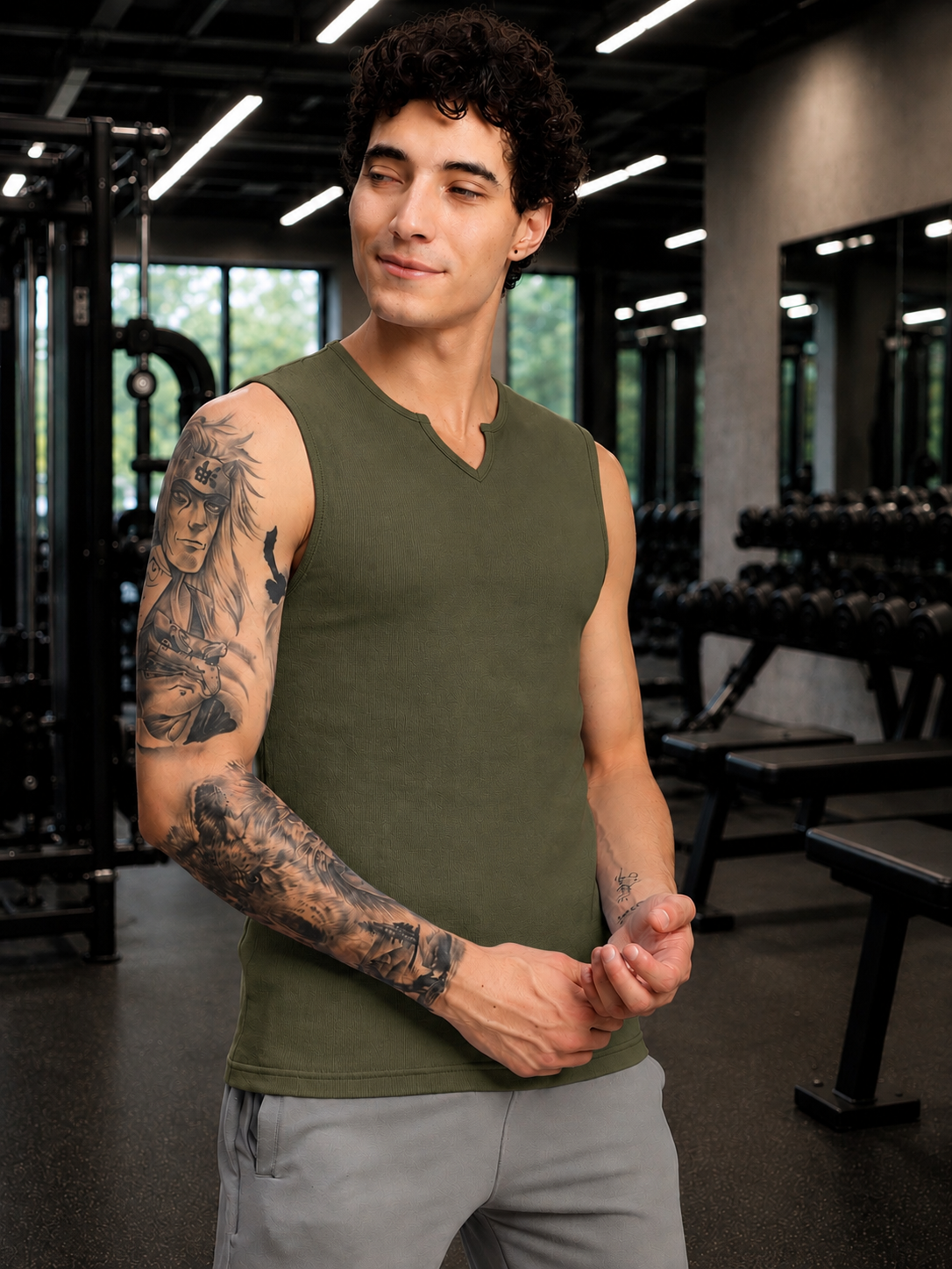SLEEVELESS WORKOUT COTTON T-SHIRT OLIVE GREEN