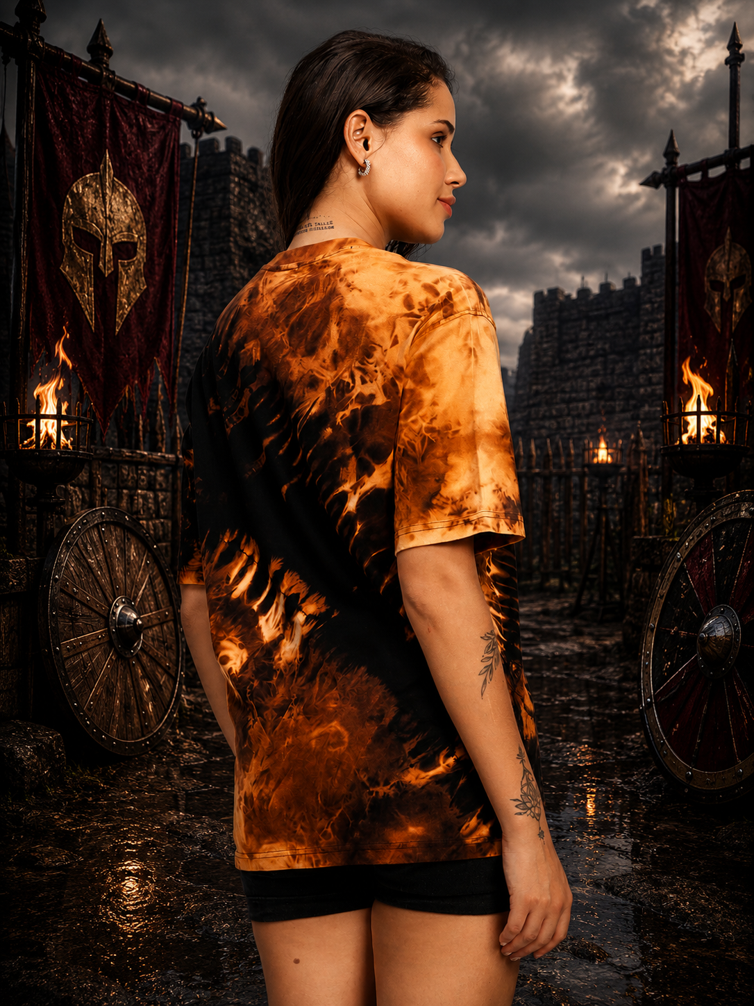 WOMEN SOLAR TIE-DYE T-SHIRT BLACK FIRE ORANGE