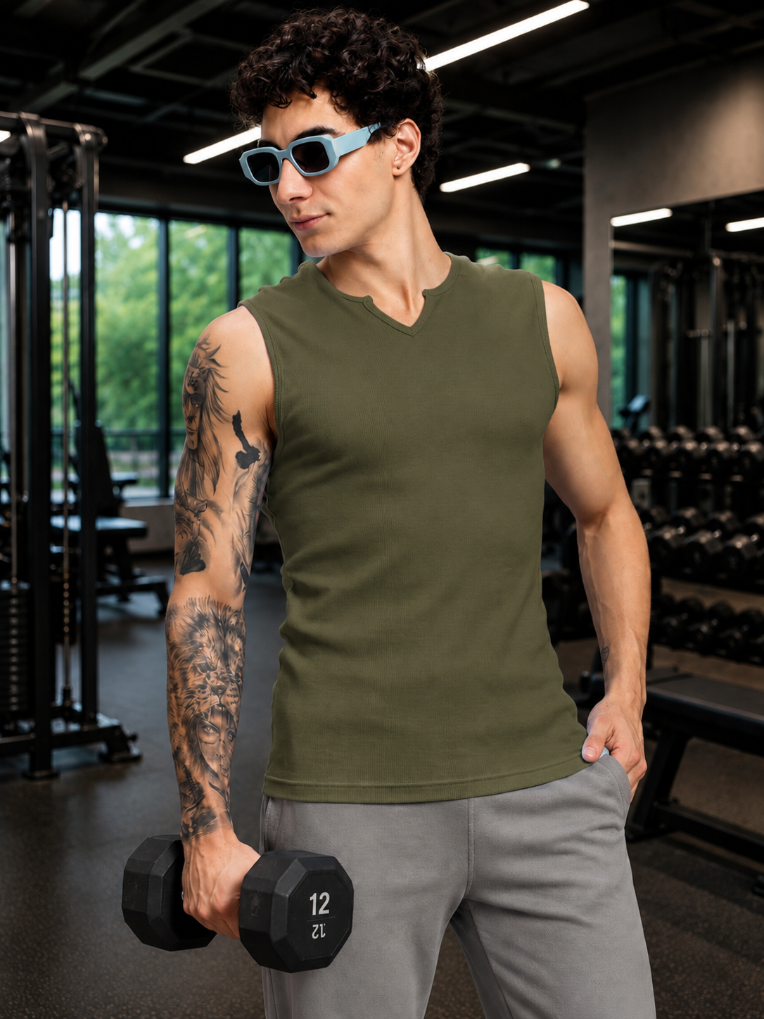 SLEEVELESS WORKOUT COTTON T-SHIRT OLIVE GREEN