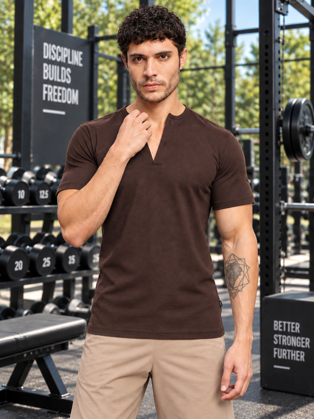 ATHLETIC HENLEY REGULAR FIT T-SHIRT DARK BROWN