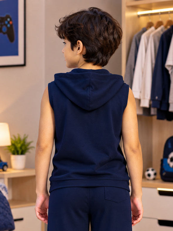 LOUNGEWEAR SLEEVELESS HOODED T-SHIRT FOR BOYS GIRLS NAVY BLUE