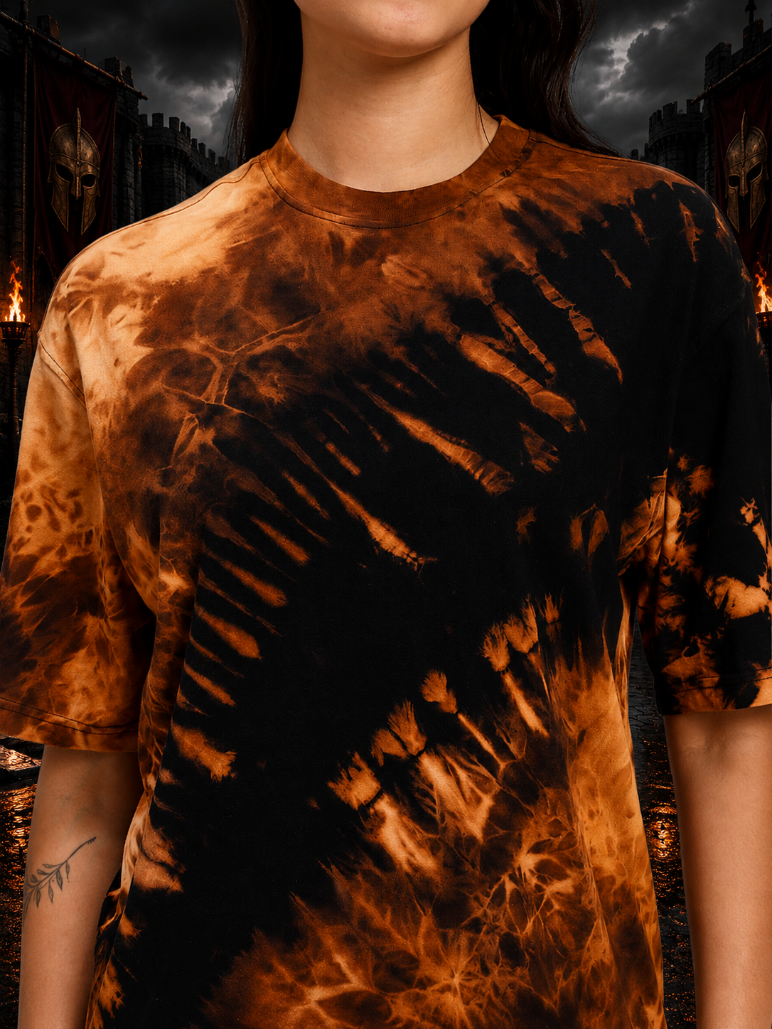 WOMEN SOLAR TIE-DYE T-SHIRT BLACK FIRE ORANGE