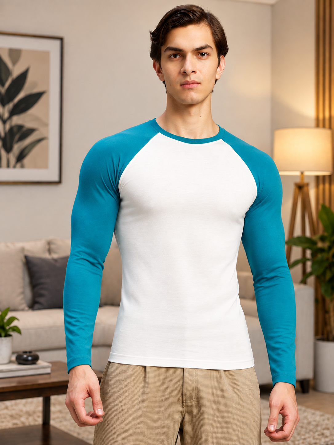 CONTRAST ROUND NECK SLIM FIT T-SHIRT WHITE TEAL BLUE
