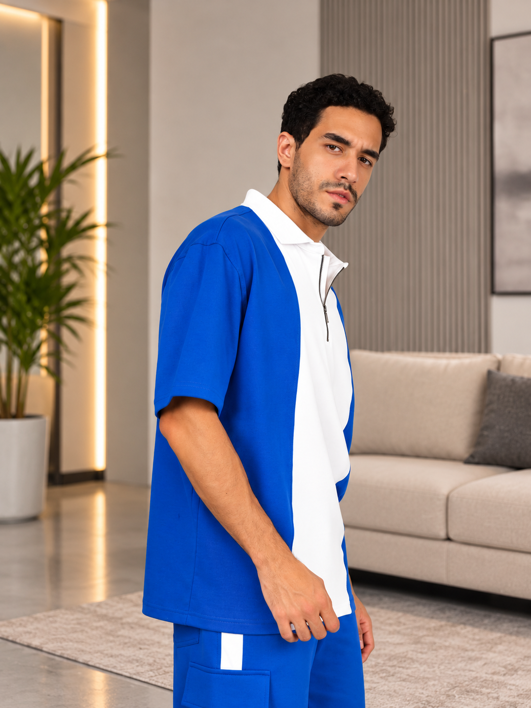 CONTRAST POLO OVERSIZED ZIPPER T-SHIRT ROYAL BLUE WHITE
